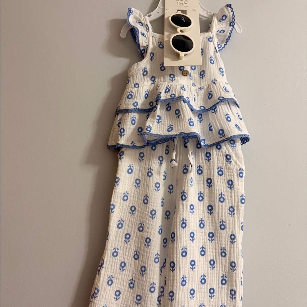 Brand New with Tags Girls Three-Piece White & Blue Floral Set